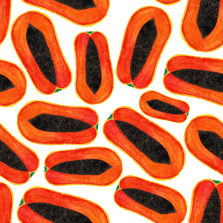Seamless pattern with watercolor papaya. Tropical fruits. Exotic pattern.の写真素材