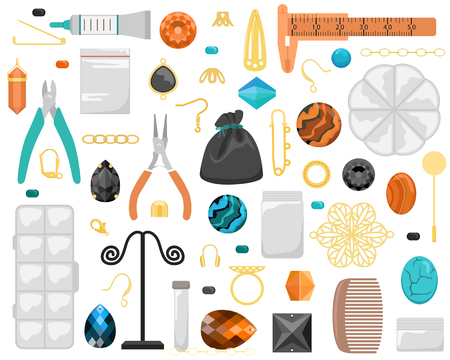 Set of tools and materials for handmade jewelry. Beads, accessories, rhinestones. Creation of handmade jewelry. Hobby.のイラスト素材