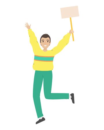 Lucky guy jumps with a sign in his hand. Success. Support group.  Flat vector illustrationのイラスト素材