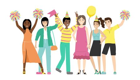 Group of happy people with waving hands isolated on white background. Happy positive men and women celebrating holiday. Fans. Support team.  Flat cartoon style vector illustrationのイラスト素材