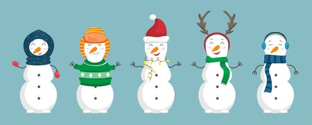 Set of snowmen in the christmas clothes. Flat cartoon illustrationのイラスト素材