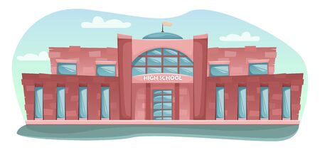 School building in cartoon style. Flat vector horizontal landscape. Free shape with sky.のイラスト素材