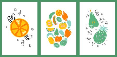 Set of hand drawn cards with fruits and vegetables. Vector cartoon food.のイラスト素材