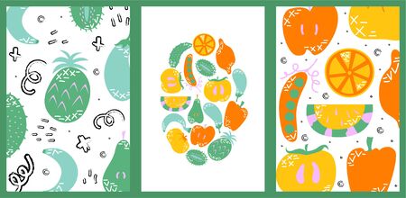 Set of hand drawn cards with fruits and vegetables. Vector cartoon food.のイラスト素材