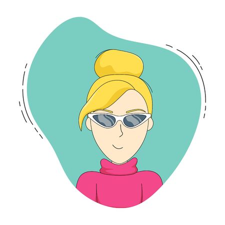 Blonde girl in fashionable sunglasses. Vector portrait with stroke. Flat cartoon style.のイラスト素材