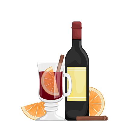 Red mulled wine in a Cup with orange slices and spices. Winter alcoholic drink. Vector flat illustration with bottle of wine, mulled wine in a glass.のイラスト素材