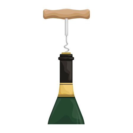 Wooden hand corkscrew opens a bottle of wine. Flat vector illustration.のイラスト素材