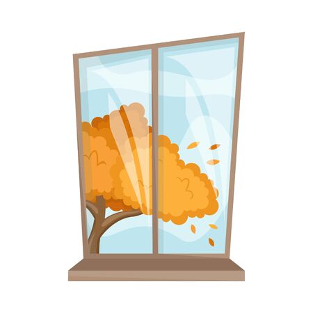 Atmospheric autumn window in a cartoon style. Cozy autumn days. Golden autumn. Flat vector illustration.のイラスト素材