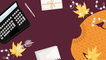 Autumn flat lay with the sweater, gift, laptop, lights, notebook and autumn leaves. Flat vector illustration. Place for textのイラスト素材