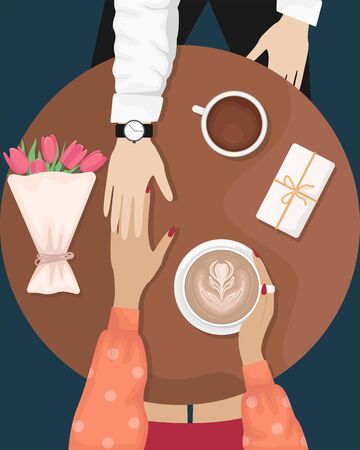 A couple in love sitting at a table in a cafe and holding hands. Bouquet of flowers and gift. Flat vector illustration.のイラスト素材