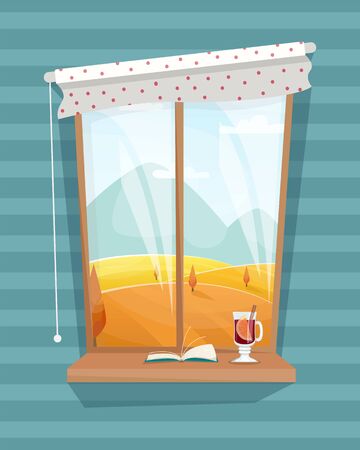 Atmospheric autumn window with a Cup of a mulled wine and a book. Cozy autumn days. Flat vector illustration.のイラスト素材
