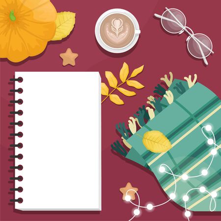 Autumn flat lay with the notebook, eyeglasses, wool scarf, coffee, pumpkin and autumn leaves. Flat vector illustration. Place for textのイラスト素材
