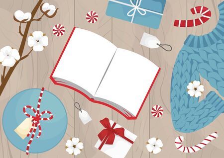 Flat lay wool sweater, book and gifts, branch and cotton flowers on wooden background. Winter flat vector illustration.のイラスト素材