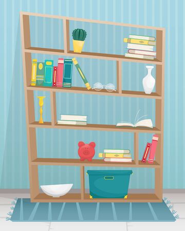 Bookcase with books, candles, vases and other accessories. Flat vector illustration.のイラスト素材