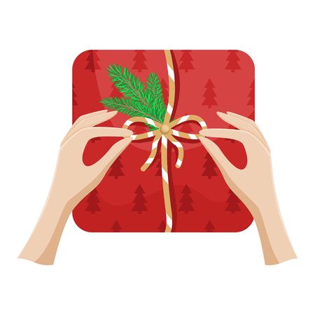 Girl packs a Christmas gift and ties a bow. Flat vector Christmas illustration.のイラスト素材