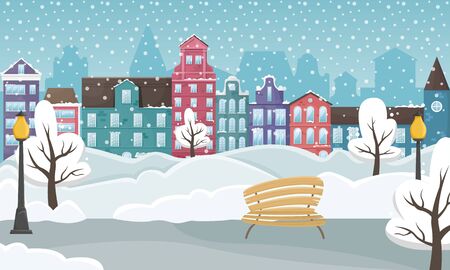 Winter cityscape with the European houses and the snow. Flat vector illustration.のイラスト素材