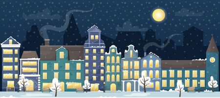 Winter cityscape with the European houses and the snow in the night. Flat vector illustration.のイラスト素材