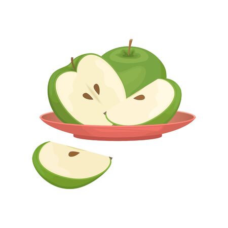 Green apples sliced and whole on a red plate. Isolated vector illustration.のイラスト素材