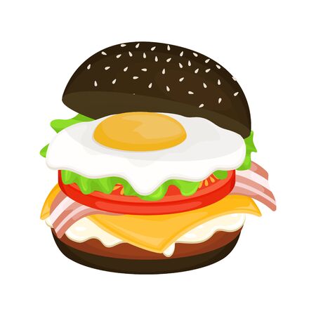 Delicious hamburger on a black bun with cutlet, scrambled eggs and bacon. Vector illustration of fast food. Junk food.のイラスト素材