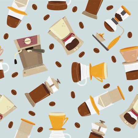 Seamless pattern of alternative methods of brewing. Coffee culture. Aeropress, hario, pour over, geyser coffee maker, cold brew, french press, kalita, filter coffee, coffee machine.のイラスト素材