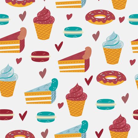 Vector seamless pattern with sweet deserts on the blue background.のイラスト素材
