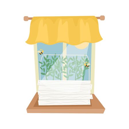 Beds with seedlings for growing vegetables on the window in the apartment. Environmental consumption. Farm city.のイラスト素材