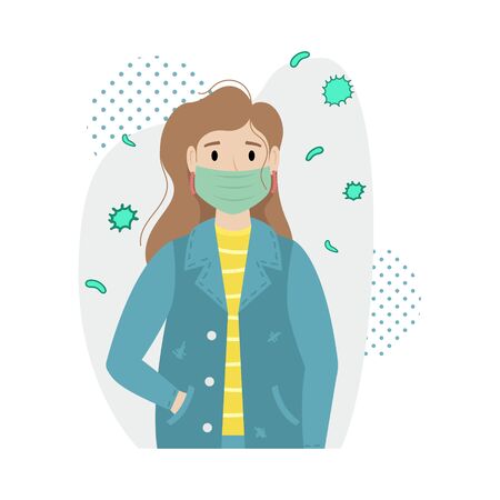 A girl in a protective medical mask protects herself from infection. Viral disease. Epidemic.のイラスト素材