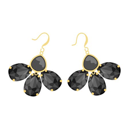Women's earrings made of black rhinestones in the shape of drops. Flat vector illustration.のイラスト素材