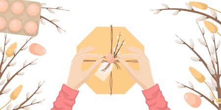 Easter template with space for text. Flat lay background with Easter eggs and willow branches. The girl's hands open the gift.のイラスト素材