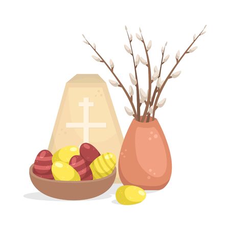 Easter illustration with a easter eggs, willow twigs and cottage cheese Easter.のイラスト素材