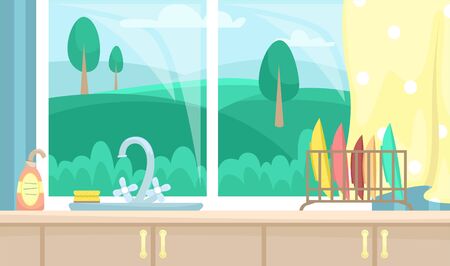 Kitchen interior with wooden cabinets. Sink near the window with a beautiful view. Flat vector illustration.のイラスト素材