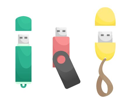 Set of 3 flat vector USB flash drive. Data storage device, computer accessories. Personal data.