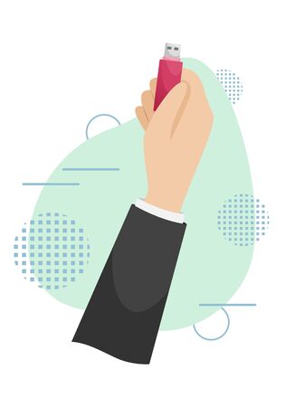 Flat vector USB flash drive in the hand. Data storage device, computer accessories. Personal data.のイラスト素材