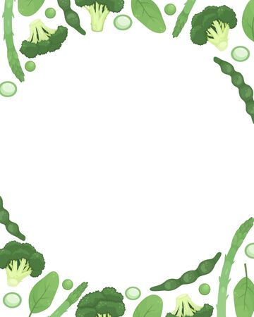 Flat lay illustration with broccoli, green beans, asparagus, peas, spinach. Healthy food, vegetarianism. Template with place for text.のイラスト素材