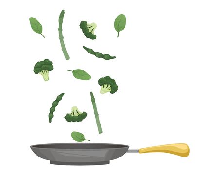 Green vegetables are fried in a pan. Broccoli, spinach, asparagus, green beans. Flat vector illustration.のイラスト素材
