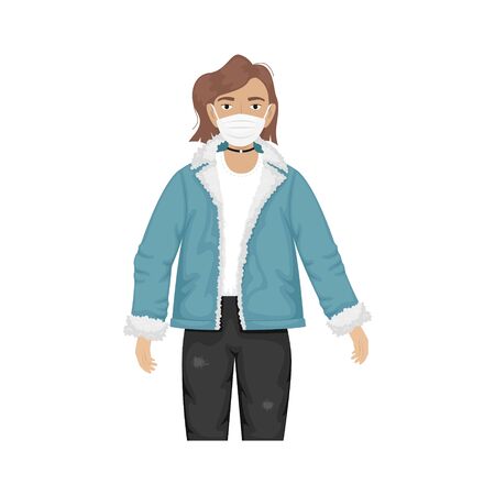 Flat vector illustration of a fashionable girl in a denim jacket with fur and trendy glasses and protective masks against viruses. Prevention of the coronavirus epidemic.のイラスト素材