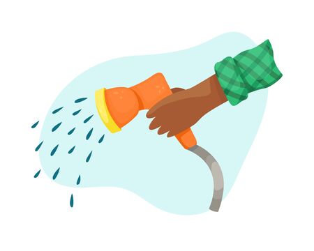 Watering plantings with a hose with a nozzle. The farmer is watering the garden. Flat vector illustration. The season of harvest. Subsistence farming.のイラスト素材