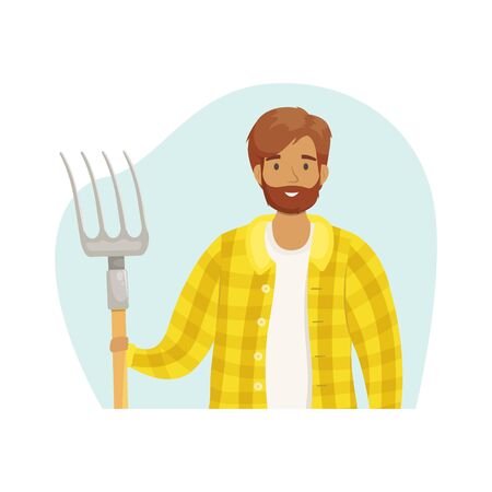 A young male farmer in a checked shirt with a haystack in his hands. The season of harvest. Grain growing and animal husbandry. Subsistence farming.のイラスト素材