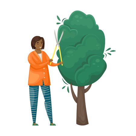 A girl cuts a tree with a pruner. The care of the garden. Agriculture, farming.のイラスト素材