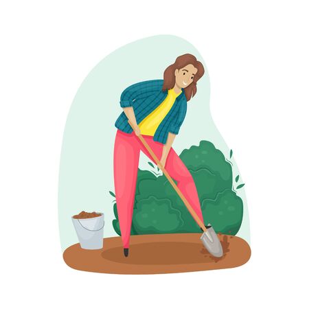 A woman digs up the ground with a shovel. Planting, growing vegetables. The care of the garden. Agriculture, farming.のイラスト素材