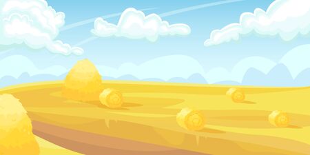 Horizontal landscape of a field with wheat, a haystack. Harvest. Agricultural fields. Agriculture, farming.のイラスト素材