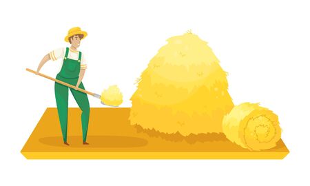 A farmer in overalls and a straw hat harvesting hay with a pitchfork. Harvest. The care of the garden. Agriculture, farming.のイラスト素材