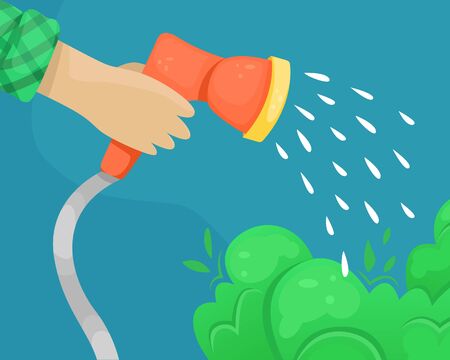 Vector hose with water nozzle in hand. Watering of plantings.のイラスト素材