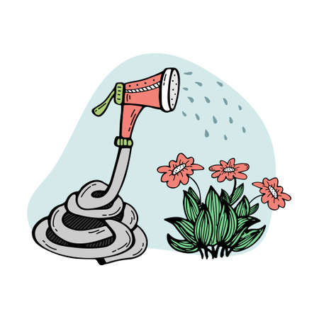 Doodle illustration with a watering hose watering a flower. Gardeningのイラスト素材