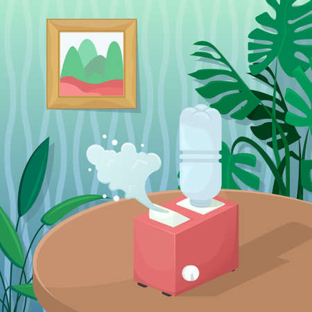 Vector illustration with a humidifier in a cozy room with plants. Healthy climate in the house.のイラスト素材