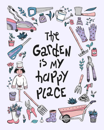 An illustration with lettering and hand-drawn doodles about a country house, garden equipment, and growing vegetables. The garden is my happy place.のイラスト素材