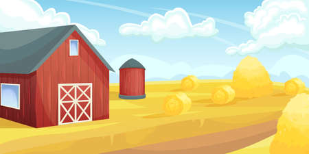 Retro red American barn in an agricultural field. Farming, harvest. Subsistence farming.のイラスト素材