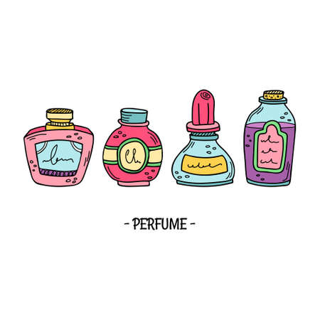 Vector set with 4 perfume bottles, beakers and essential oils. Preparation of perfumes.のイラスト素材