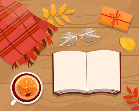 Autumn flat lay with the book, eyeglasses, wool scarf, mulled wine and autumn leaves. Place for textのイラスト素材