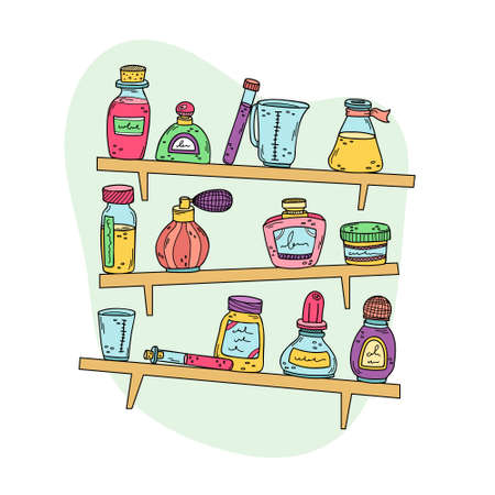 Perfume bottles, beakers and essential oils on the rack. Preparation of perfumes. Vector illustrationのイラスト素材
